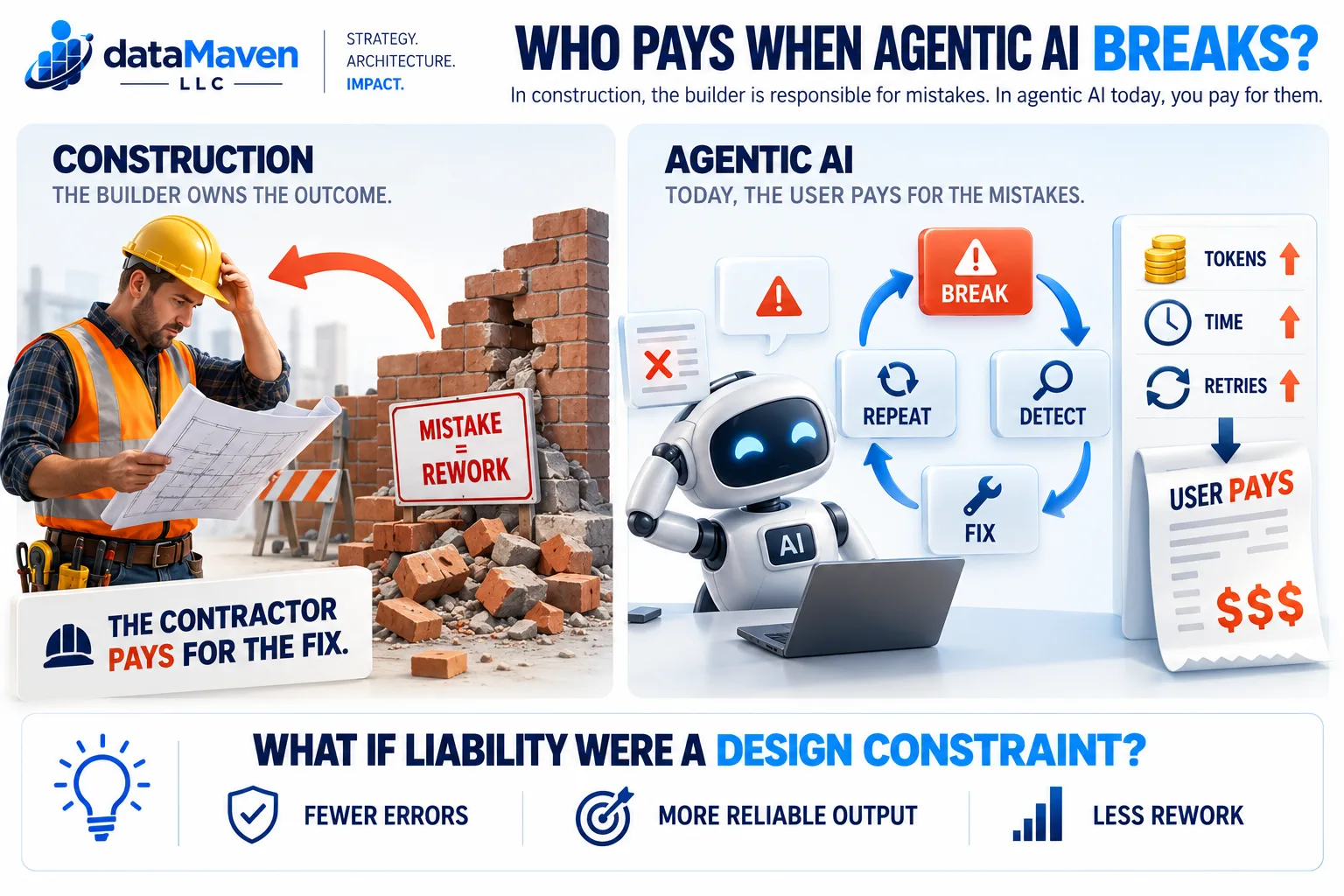 Infographic — Who Pays When Agentic AI Breaks?: how an agentic-AI break, detect, fix, and retry loop bills every correction back to the user, and why liability belongs in the design.
